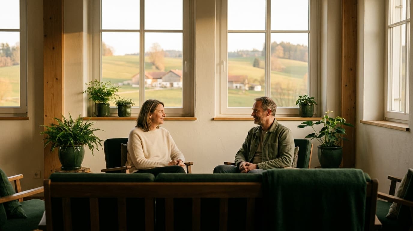 Zwei Menschen im Gespräch auf Augenhöhe in einem hellen Seminarraum mit Blick auf die niederbayerische Landschaft
